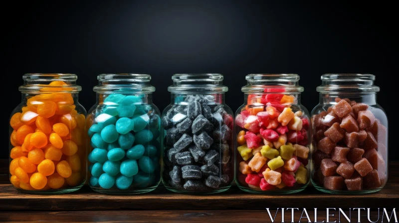 Colorful Candy Jars on Wooden Table AI Image