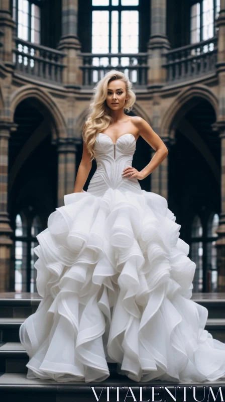 Elegant White Wedding Dress on Marble Staircase AI Image