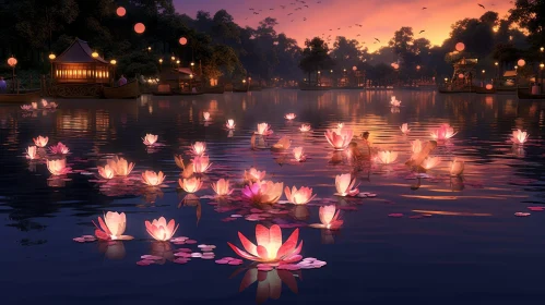 Tranquil Night Lake with Lotus Flower Lanterns