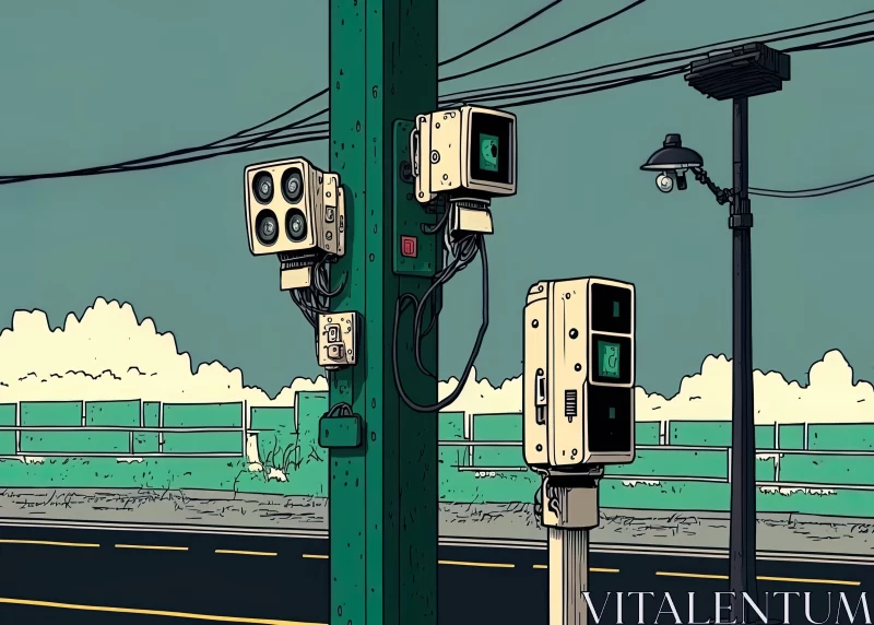 Captivating Manga Art: Street Poles with Electronic Traffic Lights AI Image