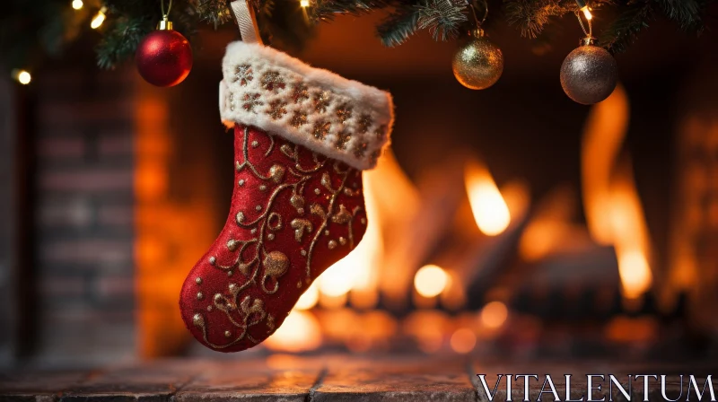 Cozy Christmas Scene with Stocking and Fireplace AI Image