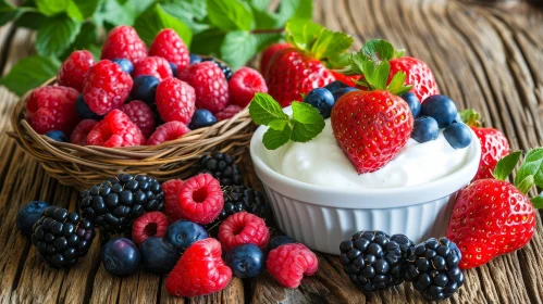 Delicious Bowl of Yogurt with Fresh Berries on Wooden Table