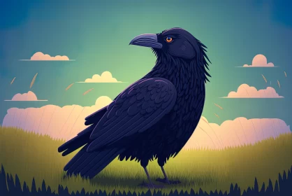 Detailed Character Illustration: Vivid Crow on Grass with Dark Clouds