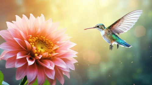 Hummingbird and Pink Dahlia Flower in Nature
