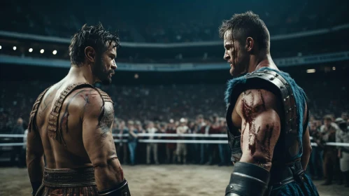 Intense Arena Face-Off: Muscular Men in a Fighting Stance