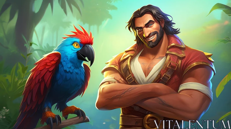 Male Pirate in Lush Jungle with Parrot - Digital Art AI Image