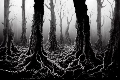 Mystical Forest Drawing: Haunting Black and White Illustration