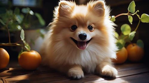 Adorable Pomeranian Dog on Wooden Table