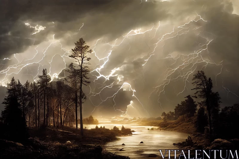 Captivating Nature: A River Amidst Rain and Lightning AI Image