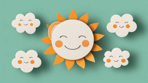 Cheerful Sun and Clouds Cartoon Illustration
