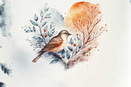 Delicate Watercolor Painting of a Bird on a Heart-shaped Leaf