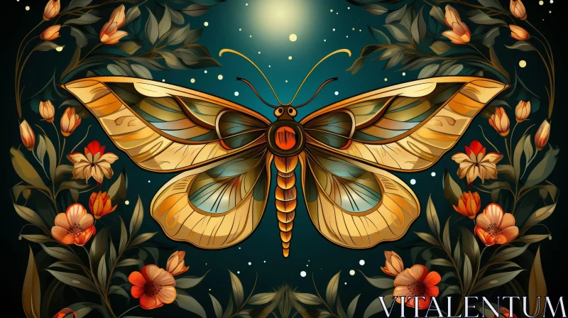 Detailed Butterfly Illustration with Flowers and Leaves AI Image