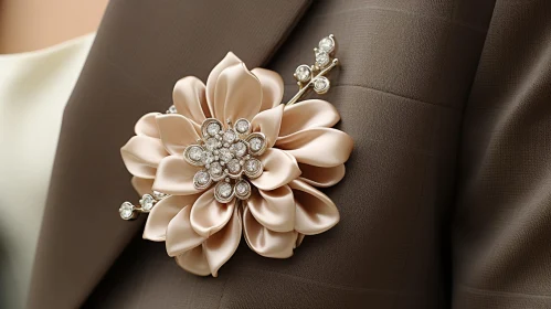 Elegant Brown Suit Jacket with Silk Flower Pin