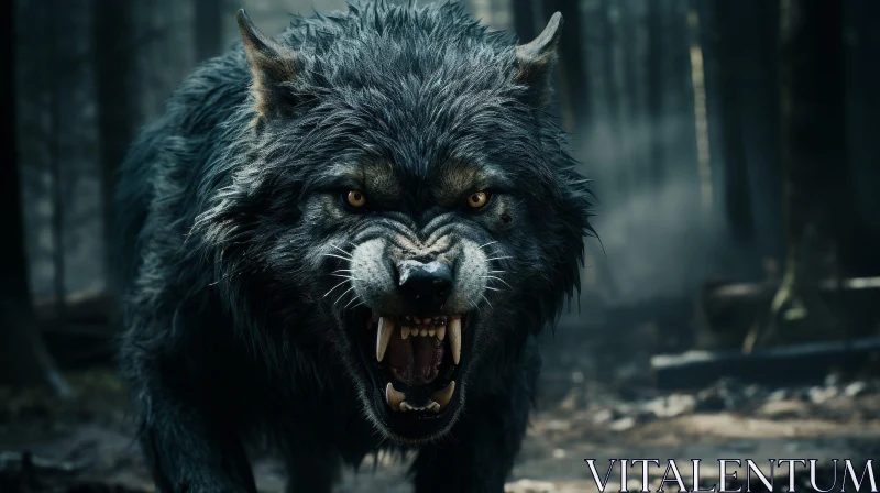 Menacing Black Wolf in Dark Forest - Close-up Nature Shot AI Image