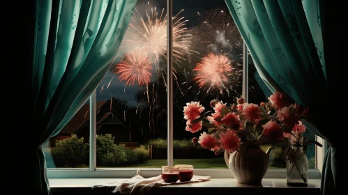 Night Sky Window View with Fireworks and Flowers