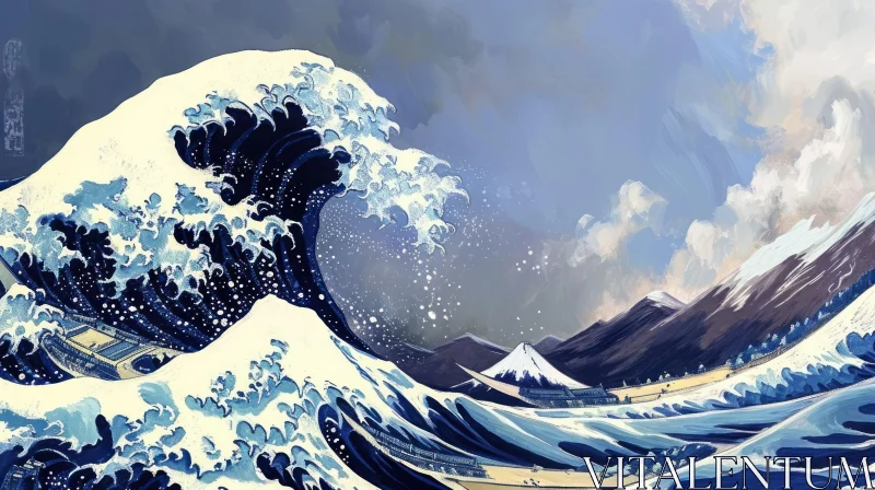 Powerful Wave Painting - Sea Shore Boats Artwork AI Image