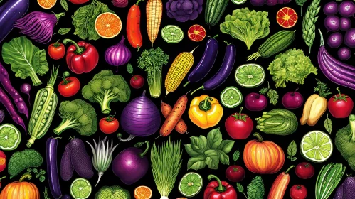 Realistic Vegetable Grid Pattern on Black Background