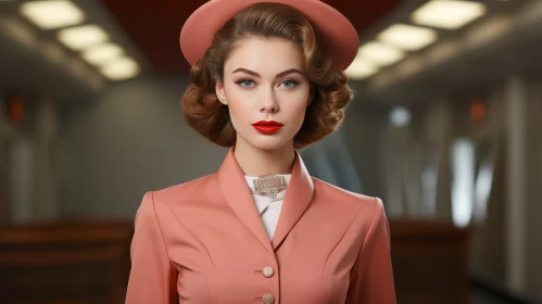 Serious Young Woman in Pink Suit and Hat
