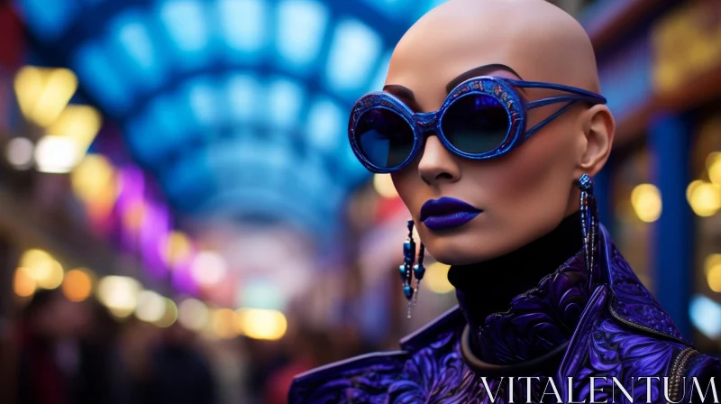 Urban Street Portrait of a Bald Woman in Purple Outfit Urban Street Portrait of a Bald Woman in Purple Outfit