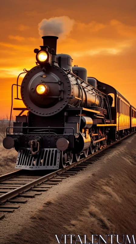AI ART Vintage Black Steam Locomotive at Sunset