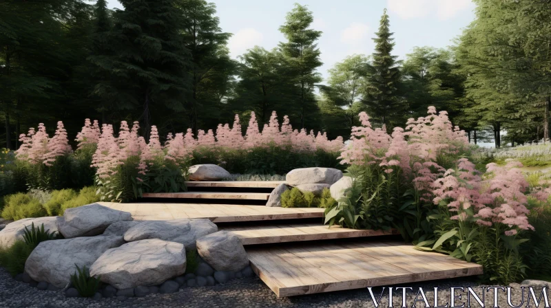 Enchanting Garden 3D Rendering with Pink Flowers AI Image