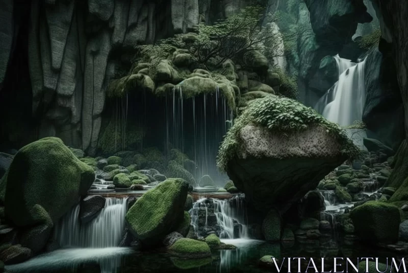 Enchanting Green Waterfall in a Cave: A Captivating Nature Artwork AI Image