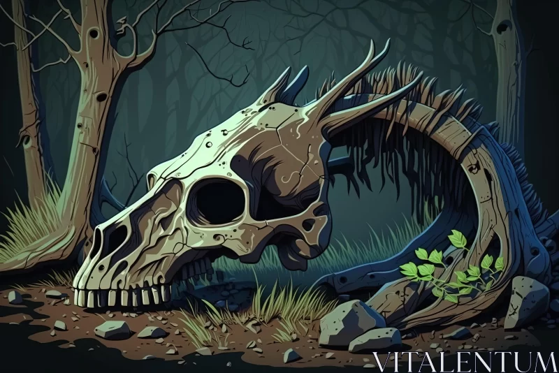 Enigmatic Dinosaur Skull in Dark Forest | Intricate Illustration AI Image