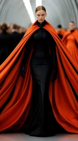 Fashionable Woman in Black Dress with Orange Cape