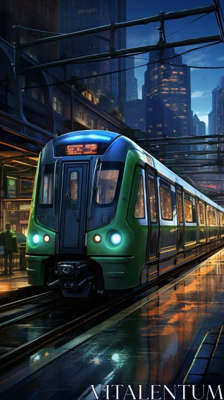 AI ART Futuristic Green and Black Train Arriving at Modern Station