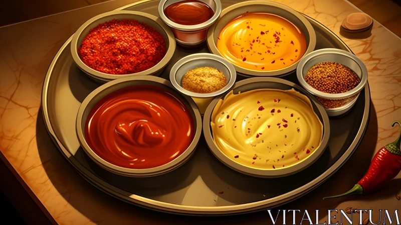 Metal Tray with Sauces and Spices on Wooden Table AI Image