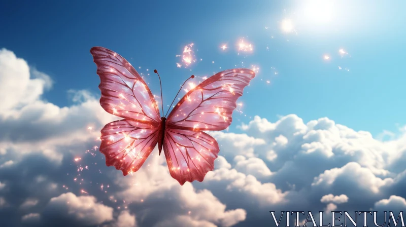 Pink Butterfly in Blue Sky with Sparkles AI Image