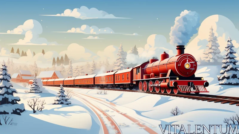AI ART Red Steam Locomotive in Snowy Forest - Winter Train Journey