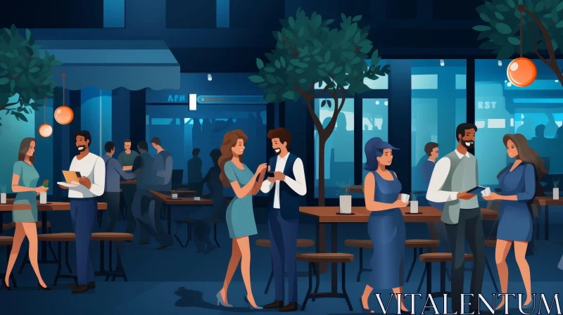 Urban Cafe Conversation - Cartoon Artwork AI Image
