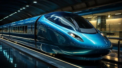 Blue High-Speed Train in Tunnel