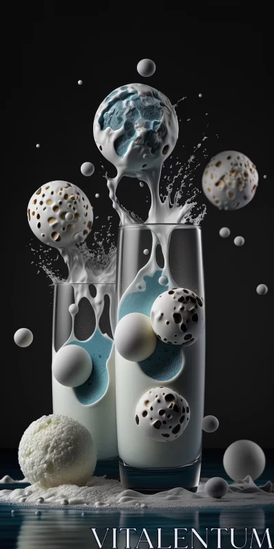 Captivating Still Life: Eggs and Bubbles Splashing into Glasses of Milk AI Image