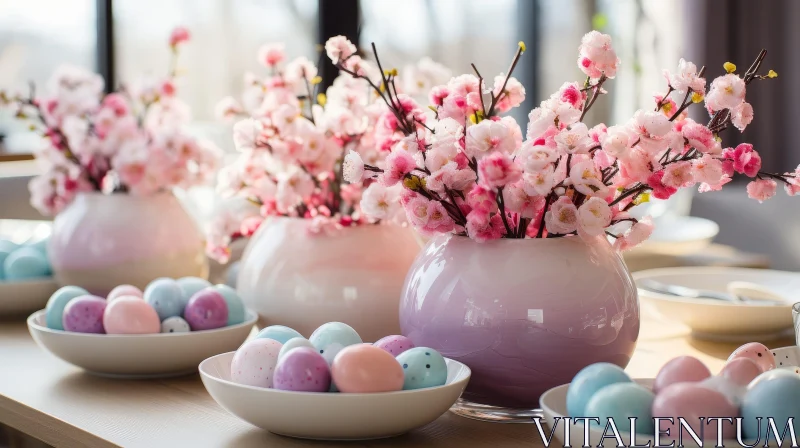 AI ART Elegant Easter Table Setting with Cherry Blossoms and Pastel Eggs