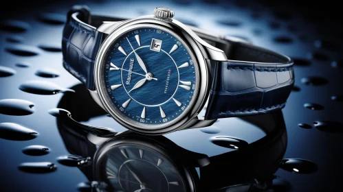Elegant Luxury Wristwatch with Blue Dial and Water Droplets