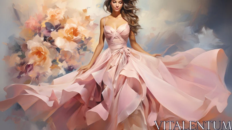 Elegant Woman in Pink Dress with Flowers - Art Painting AI Image