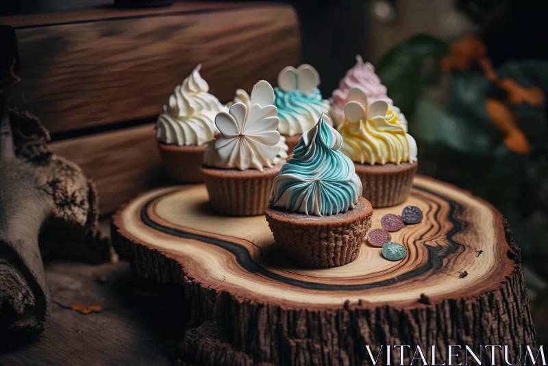 Exquisite Cupcake Display on Wooden Stump with Luxurious Textures AI Image