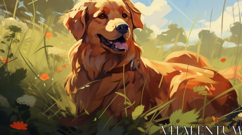 Golden Retriever Dog Painting in Field of Flowers AI Image