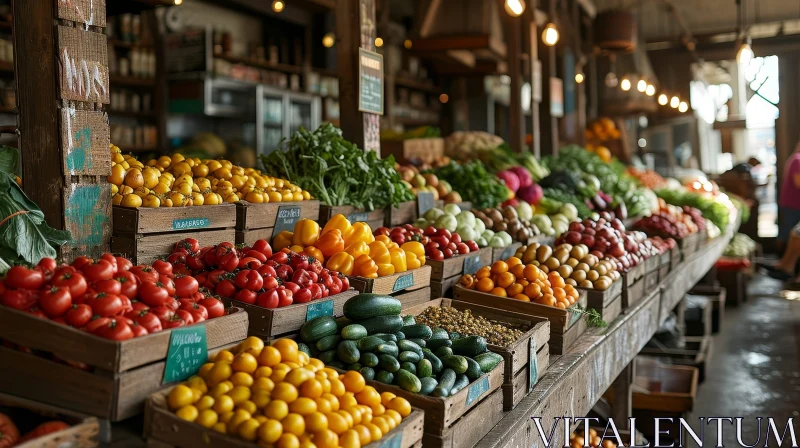 Lively Farmer's Market with Fresh Produce and Wood Crates AI Image