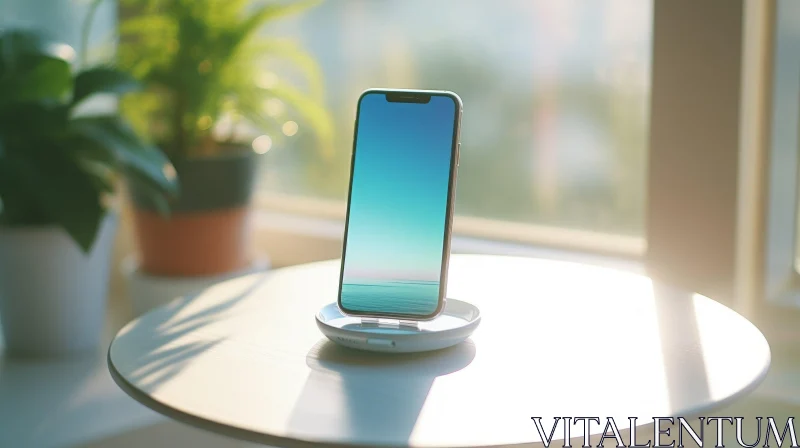 AI ART Modern Smartphone on Wireless Charging Stand with Serene Landscape Display
