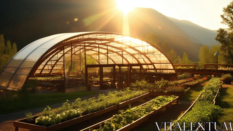 Mountainous Greenhouse in Radiant Sunlight AI Image