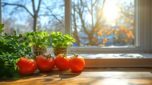 Ripe Tomatoes and Parsley on Wooden Table with Sunlit Window
