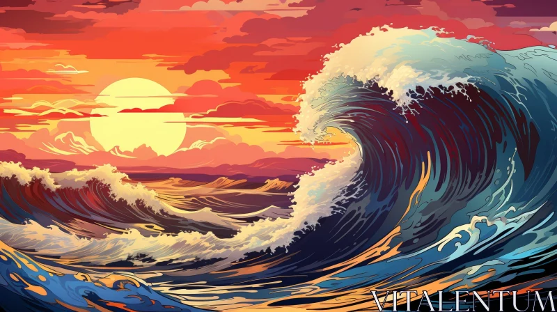 Rough Sea Wave at Sunset | Digital Painting AI Image