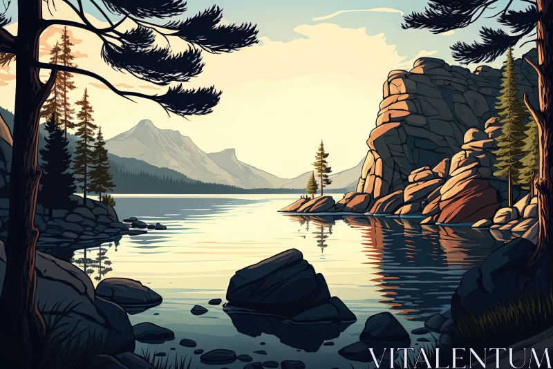 Serene Mountain Lake: Highly Detailed Vintage Illustration AI Image