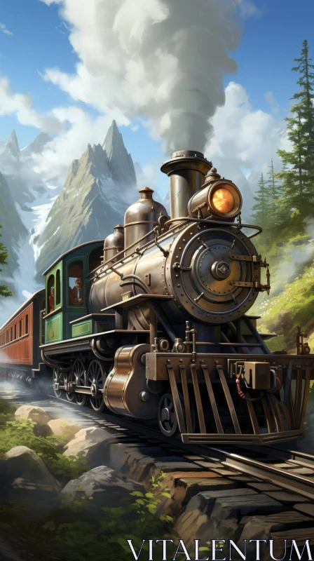 Steam Locomotive in Mountains Painting AI Image