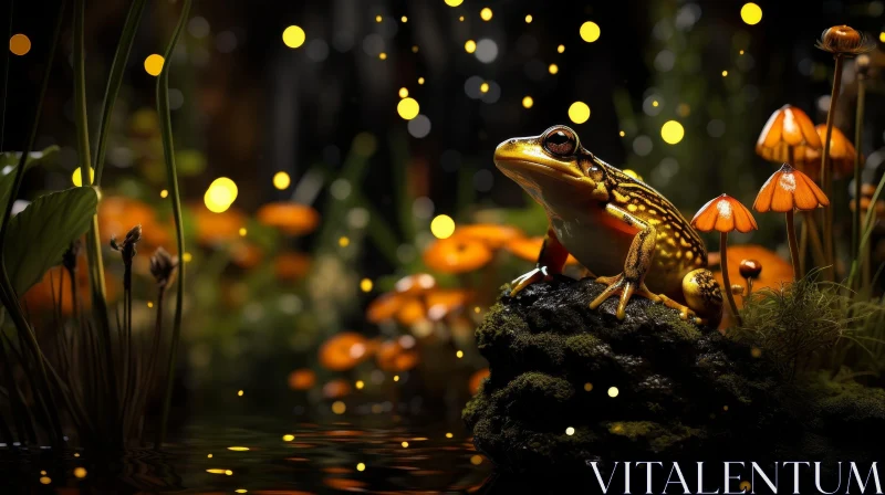 Tranquil Frog on Rock in Pond AI Image