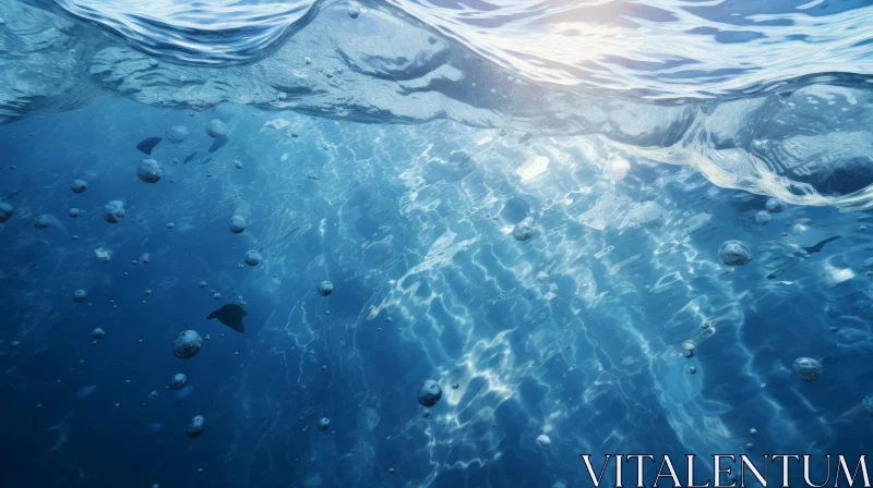 Blue Underwater Scene with Sunlight and Bubbles AI Image