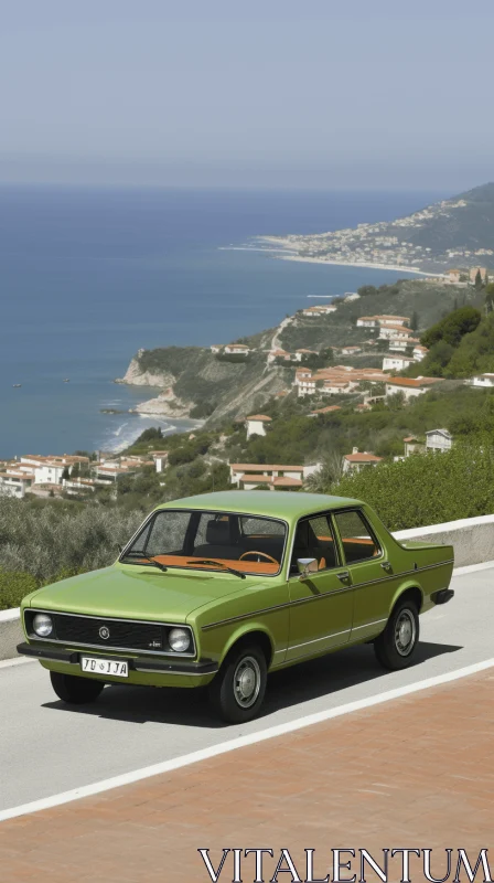 Captivating Green Car on Road Beside the Ocean | Mediterranean Landscapes AI Image